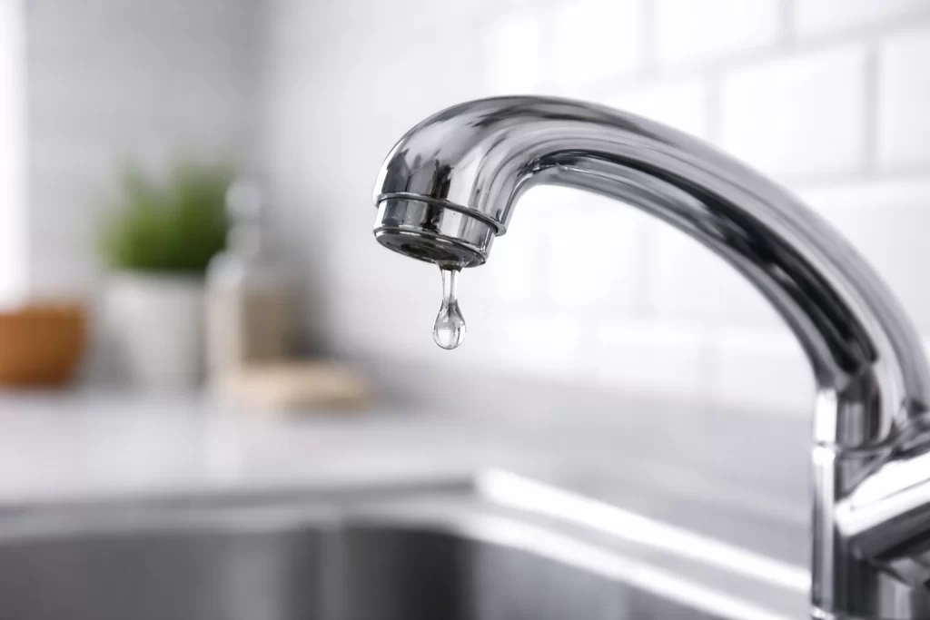 Torneira cromada pingando com gota de água na ponta do bico em pia de cozinha.