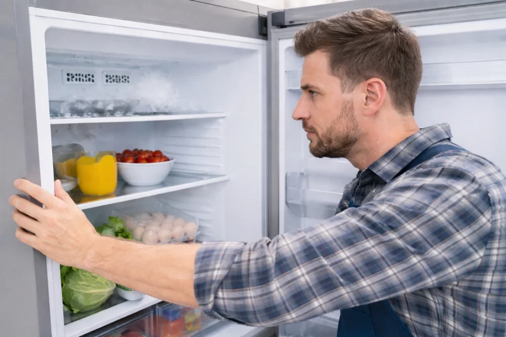 geladeira aberta com homem olhando